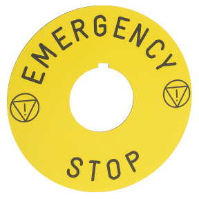 Schneider Electric 9001 Legend plate for mushroom heads; "EMERGENCY STOP"; 90mm circular; yellow